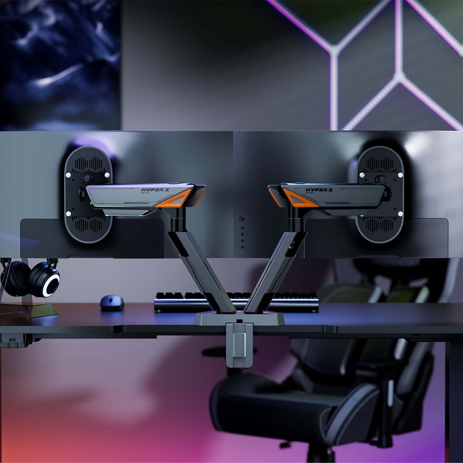 AISENS - DT38TSRRGB-349 - Soporte DE Mesa RGB Gaming CONTRAPESO Giratorio E INCLINABLE para Monitor/TV 16KG (3 PIVOTES, 2 Brazos) DE 17-38, Negro-Gris