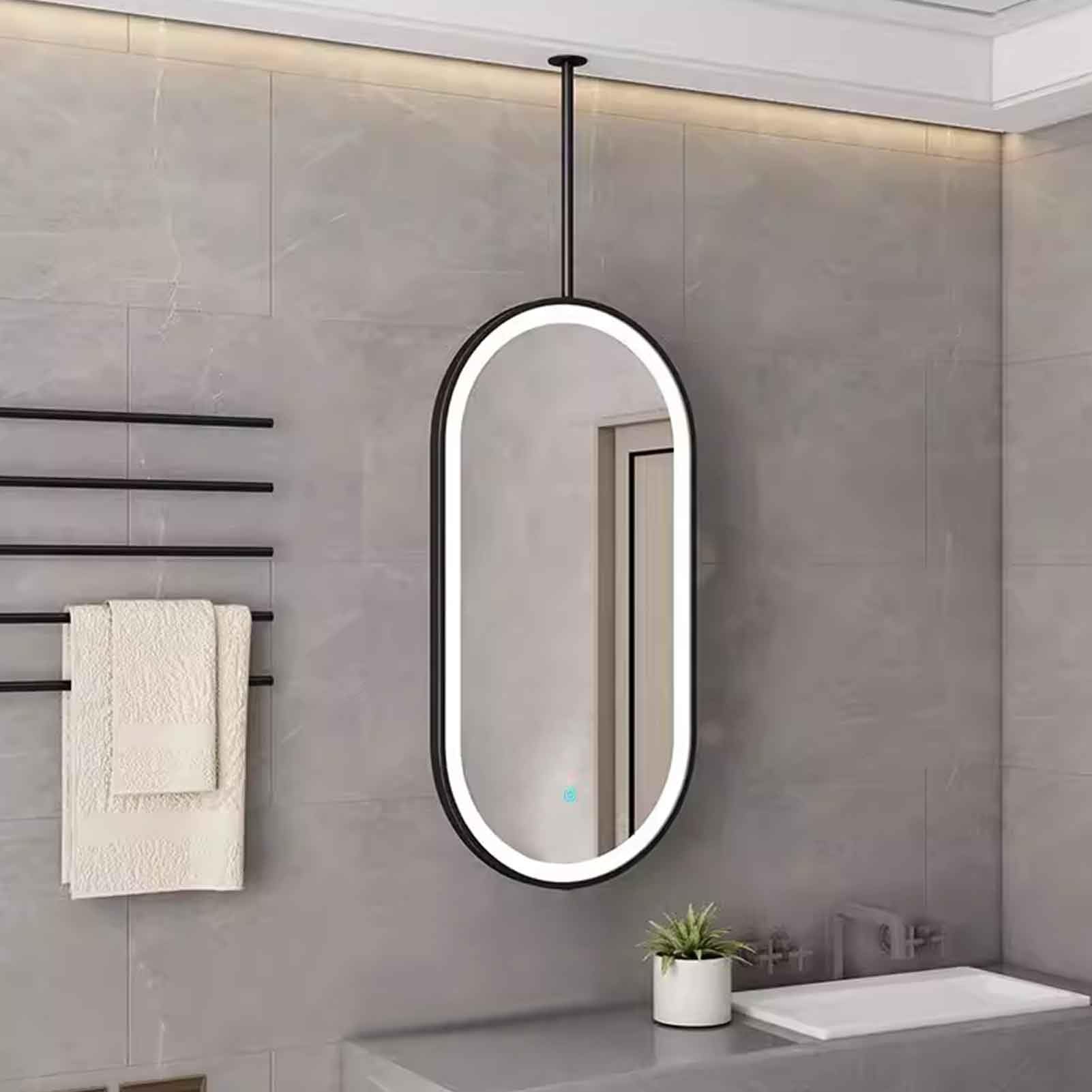 FGXHHS LED with 3 Color Dimmable Light - Black Oval Metal Frame Suspended Makeup Customisable Ceiling Pole(40cmx70cm)