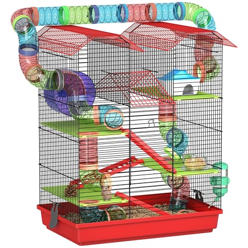 PawHut Cage pour Hamster Souris Petit Animaux Rongeur avec Tunnel Mangeoire Roue Jouet 47 x 30 x 59 cm Rouge