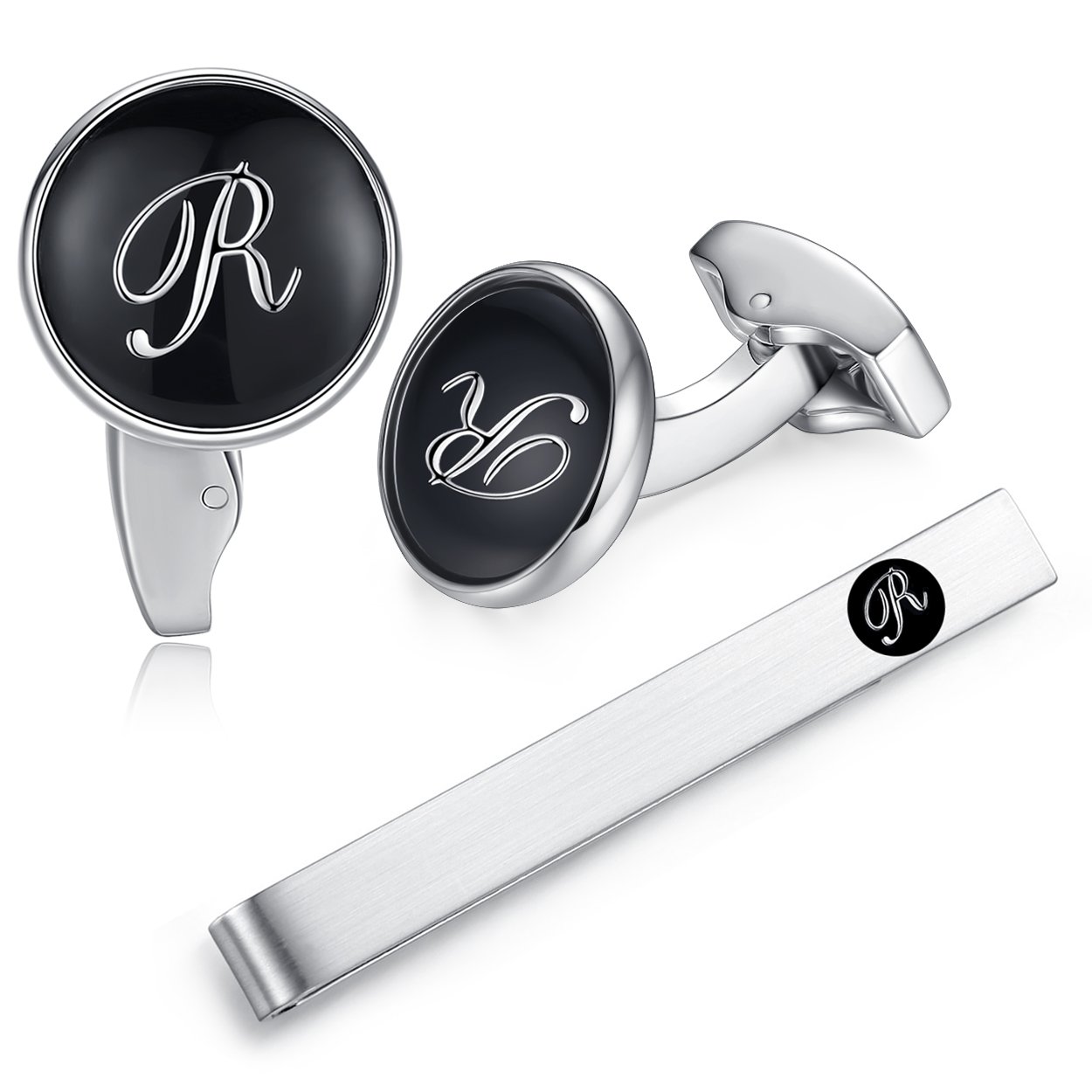 HONEY BEAR Carta Inicial Alfabeto Gemelos & Clip Pasador de Corbata Pisacorbatas - Acero Inoxidable para la Camisa de los Hombres Regalo de Boda del Negocio Negro