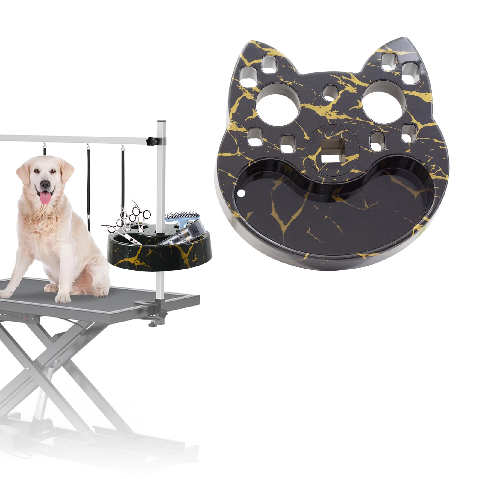 Pet Grooming Organizer for Scissors Brushes and Tools Holder - Portable Rotatable Dog Grooming Table and Arm Stand Tools(Black Gold Cat Head)