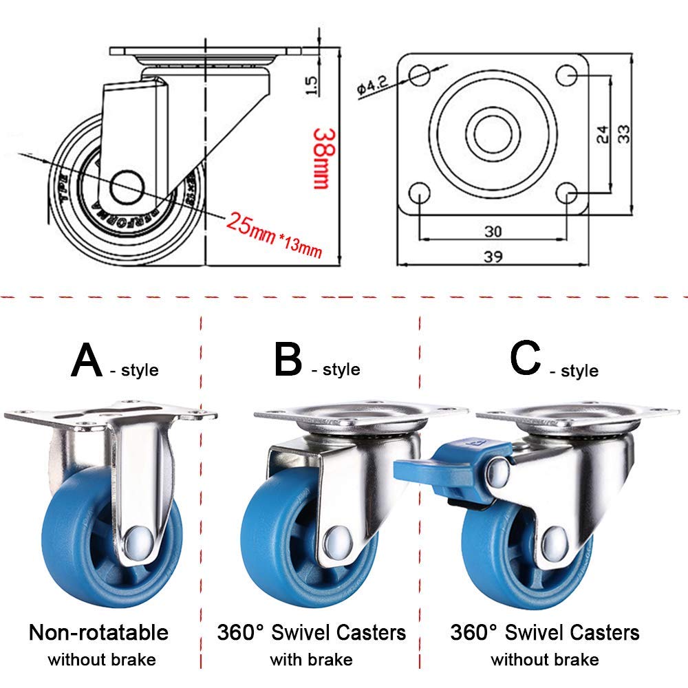 Rotelle per mobili Piccoli da 25 mm (4 Pezzi/carico 60 kg), rotelle in Nylon, Blu | Ruote fisse/Ruote girevoli/Freno | Ruote girevoli girevoli per Carrello a 3 Stili opzional