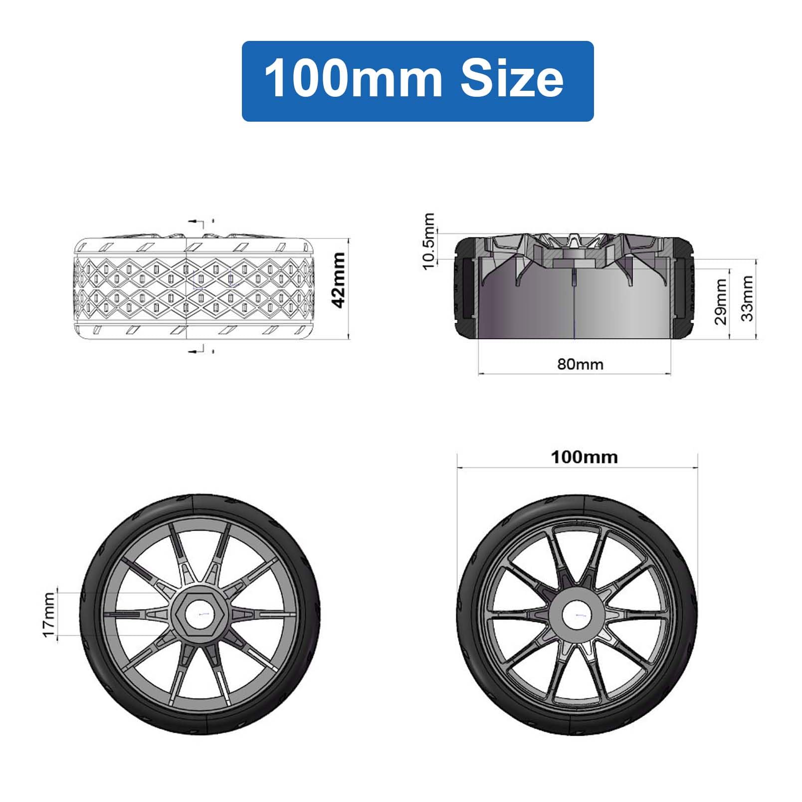 BOLIDORC RC Highway Tires and Wheels Set,17mm Hex Plastic Wheels for 1/7 ARRMA Felony FSR 6S BLX RC Model Car (100mm & 107mm)