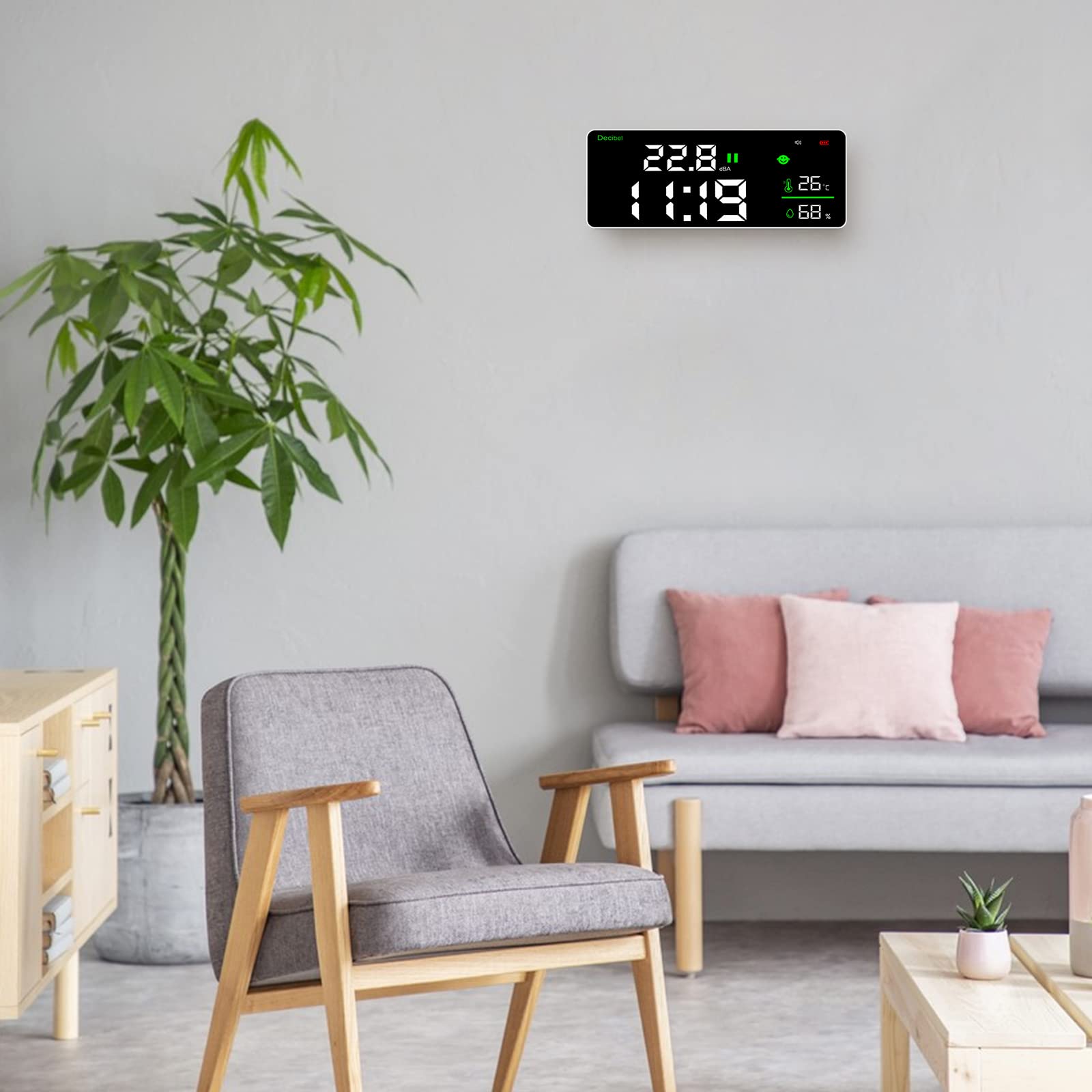 Sonomètre Mural, Grand écran LCD Décibelmètre 30-130 dB, Mesure de Température, Humidité, Décibel Avec Alarme, Moniteur de Bruit Pour Salle de Classe d'usine à Domicile