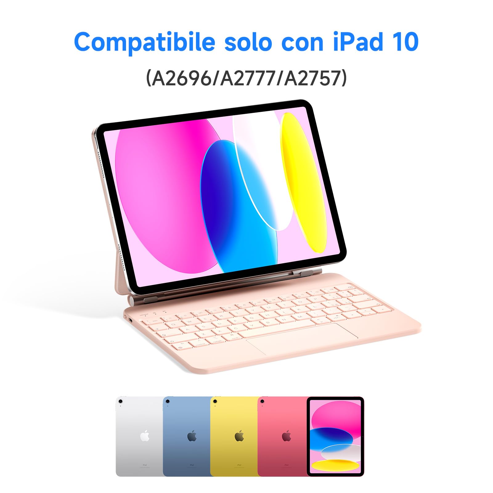 HOU Tastiera per iPad 10 Generation, Supporto Magnetico, Trackpad Muti-Touch, Retroilluminazione a 7 Colori iPad 10 Generation 2022 Cover Protettiva con Tastiera, Layout italiano, Rosa
