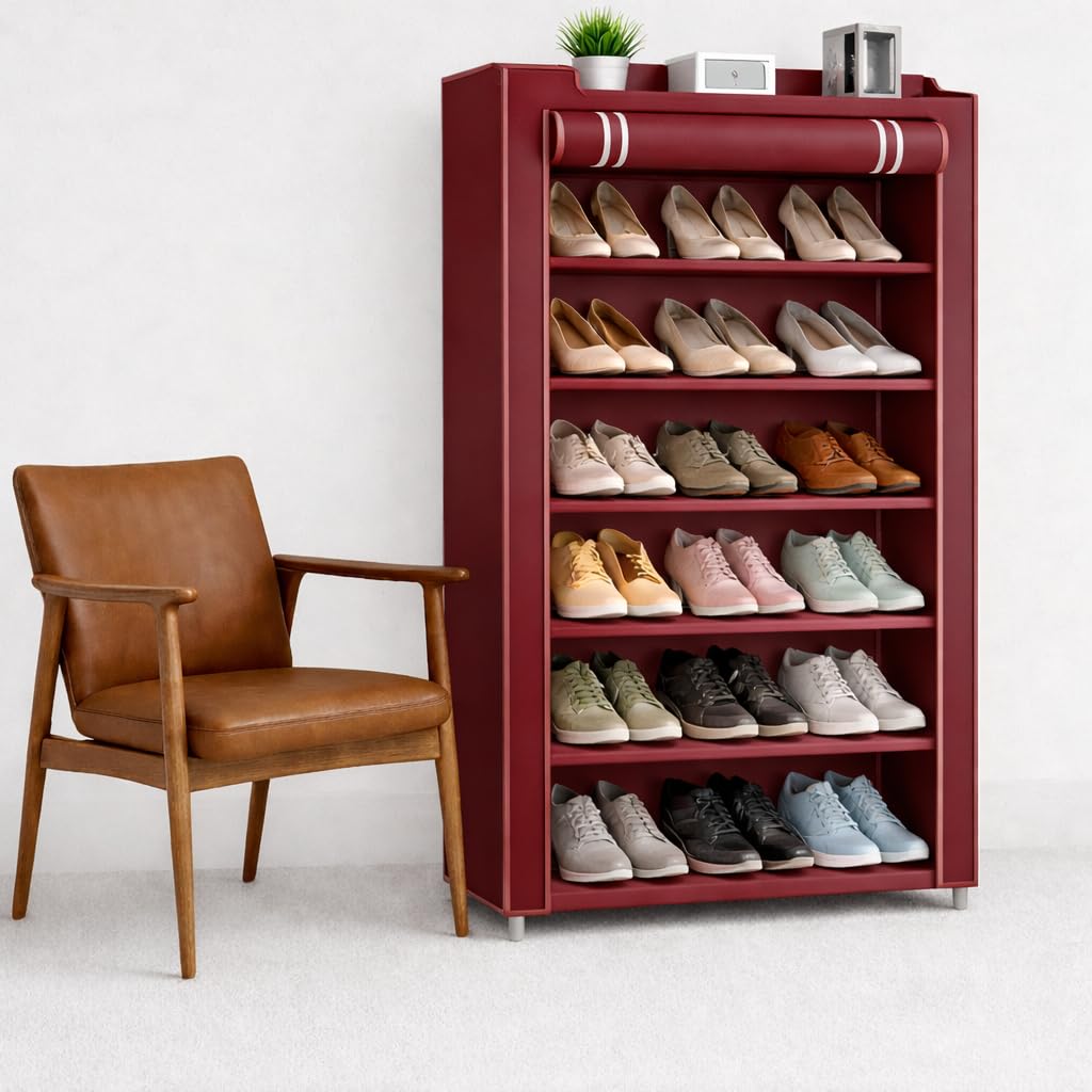 6 Layer Shoe Rack for Home | Portable & Foldable Shoe Organizer Stand | Dustproof Cover | Space Saving Shoe Storage Rack for Bedroom, Hall & Entryway (Black) (MEROON)