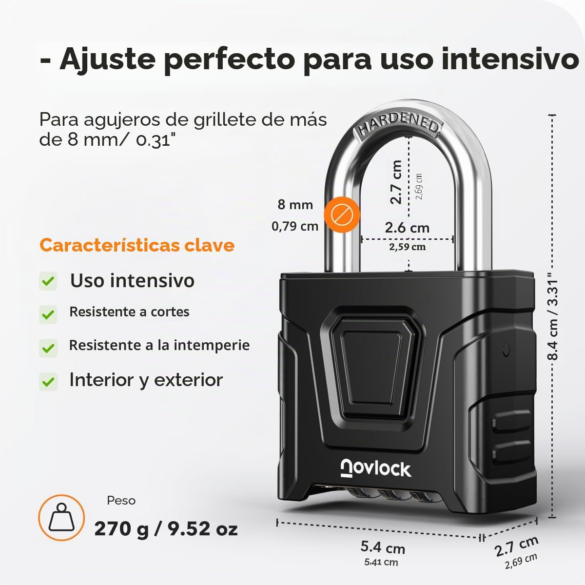 Candado de combinación de alta resistencia para exterior – impermeable, arco de 8 mm resistente al corte – para portones, vallas, cobertizos, trasteros, taquillas y armarios – pack de 1, negro