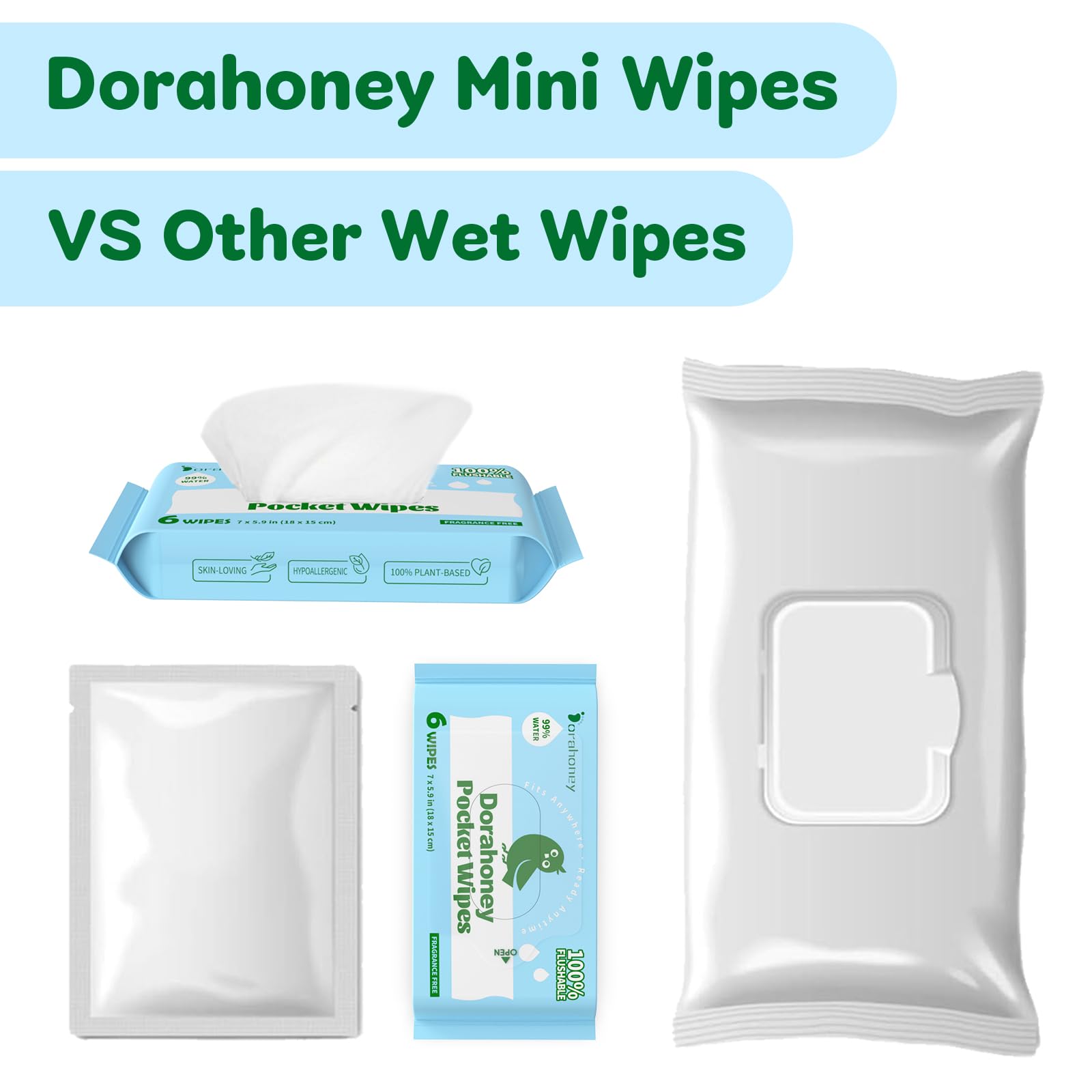 Lingettes Humides Toilette Format Voyage, 99% d’Eau – Sans Parfum & Hypoallergéniques – Fibres Végétales – Peaux Sensibles – Adultes, Enfants & Bébés – Lot de 8 (48 Lingettes)