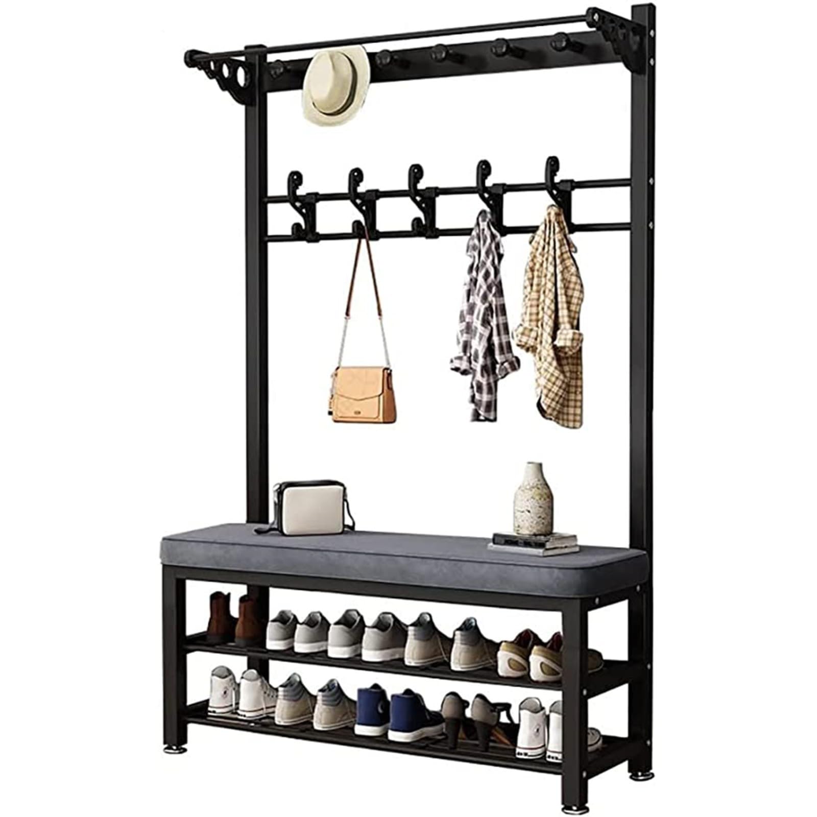 LWJSOCP 4 in 1 Hallway Coat Rack Shoe Stand Entryway Furniture with 8 Hooks & 2 Tier Shoe Bench Versatile Coat Stand & Shoe Storage Solution for nized Hallways