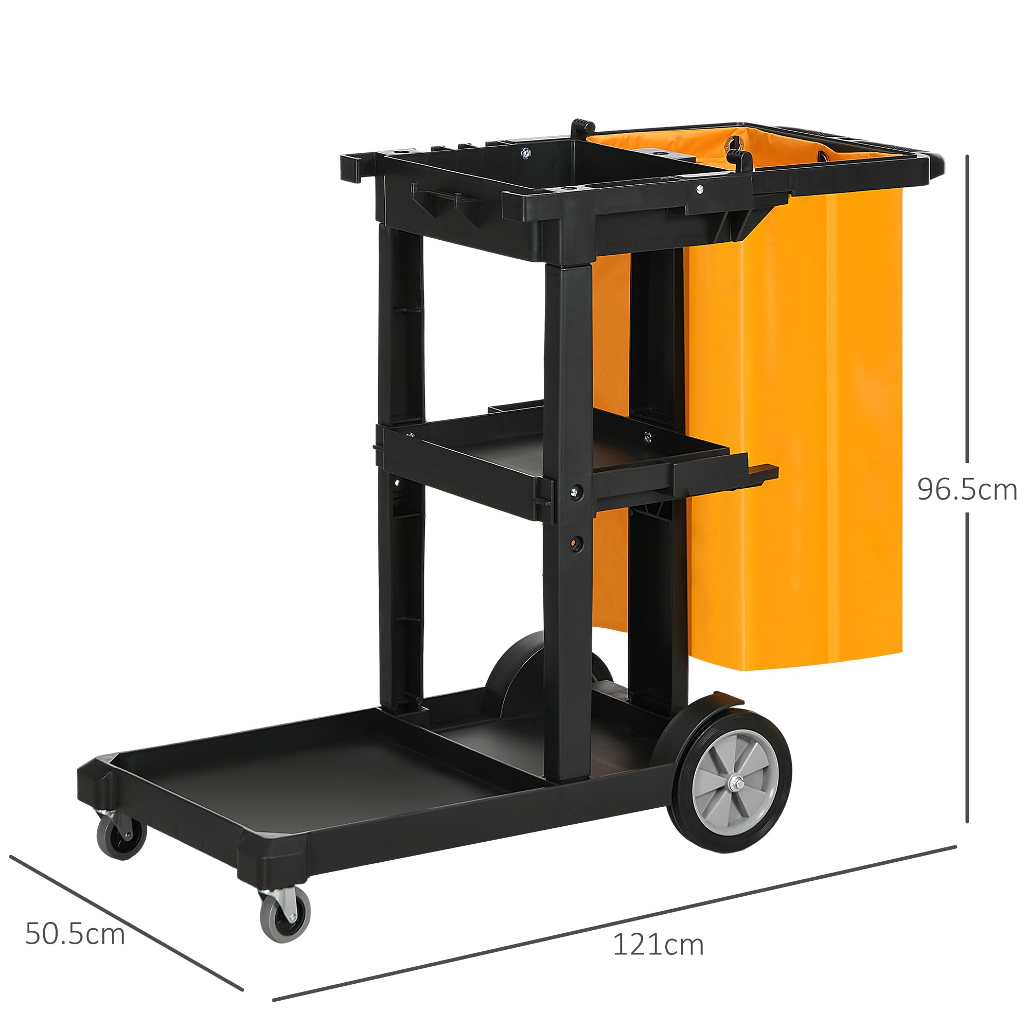 HOMCOM Chariot de Nettoyage Professionnel avec 3 étagères avec Crochets pour Balai et Sac de 100L, Chariot à roulettes en Plastique Polyvalent pour l'hôtel, l'hôtellerie et la Restauration,