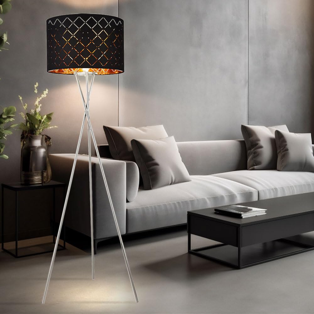 Stehlampe Textilschirm schwarz gold Beistellleuchte 3 Bein Stativleuchte Textil, Nickel matt, E27 Fassung, DxH 62x158 cm