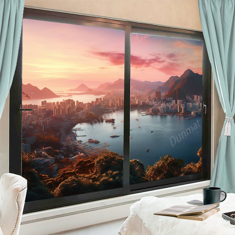 Rustic City Sunset Landscape Frosted Window Film Modern Sea View Architecture Window Privacy Film Self-Adhesive Glass Film Decorative Sticker Frosted for Home Bathroom 35.4Wx55.1L-inch x2 Pcs