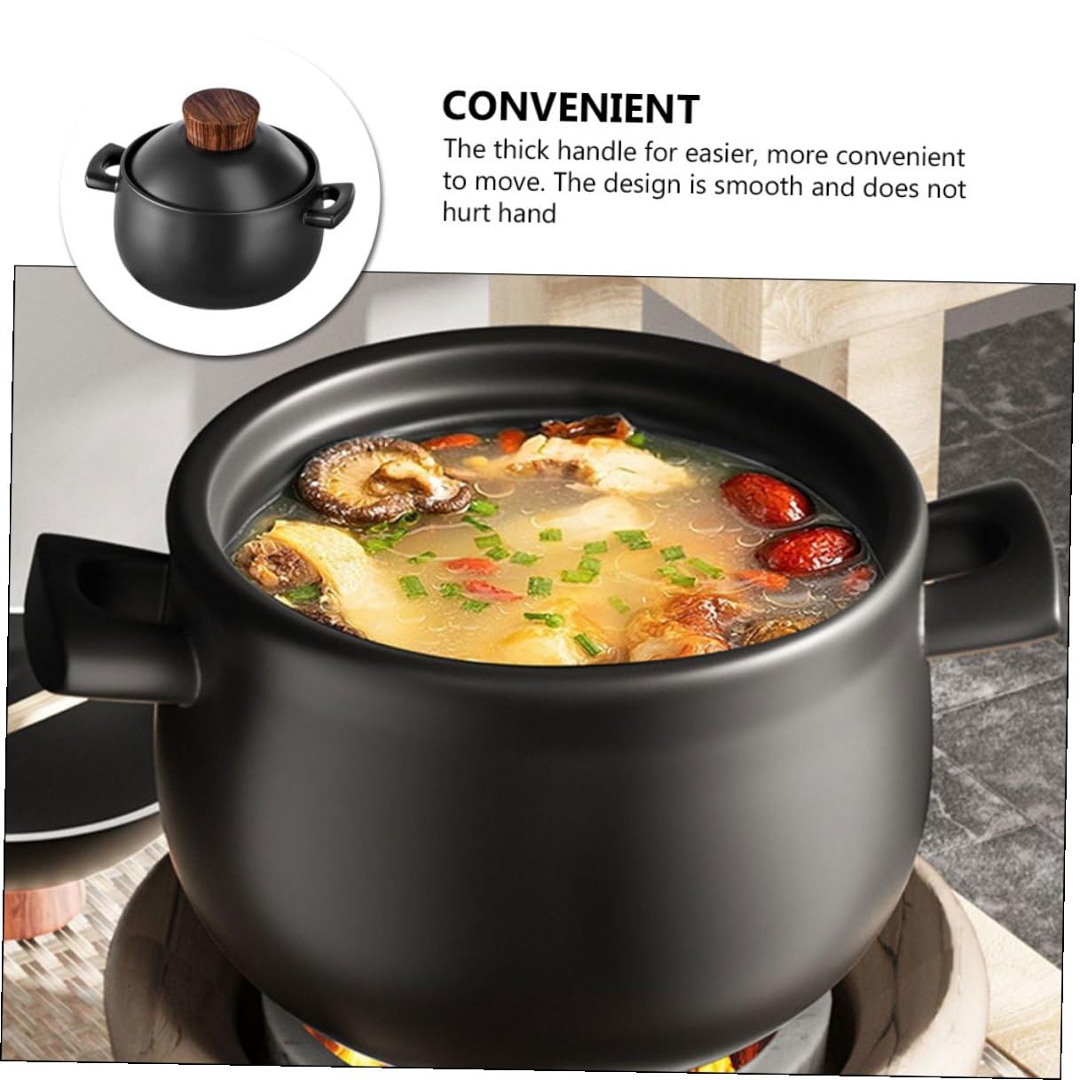 Casseruola e Non Facile da Rompere da 2,5l in Ceramica per Uso Domestico con Manico Spesso in Legno, Resistente al Calore per Stufati e Zuppe su Fornello a Gas