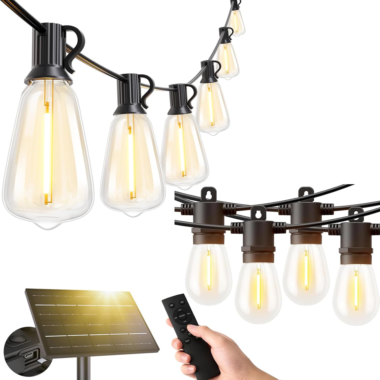 Svater 200FT Patio String Lights + 50FT ST38 Solar String Lights Outdoor with Remote