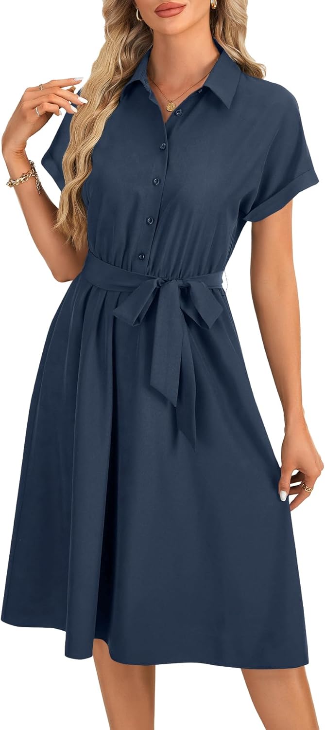 LYANER Women's Collar V Neck Button Front Tie Waist Short Sleeve Ruffle Hem Midi Dress - Image 6