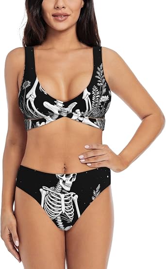 Vintage Black White Plant Skull Print Womens Bikini Set Removable Padded Crossover Beach Swimwear