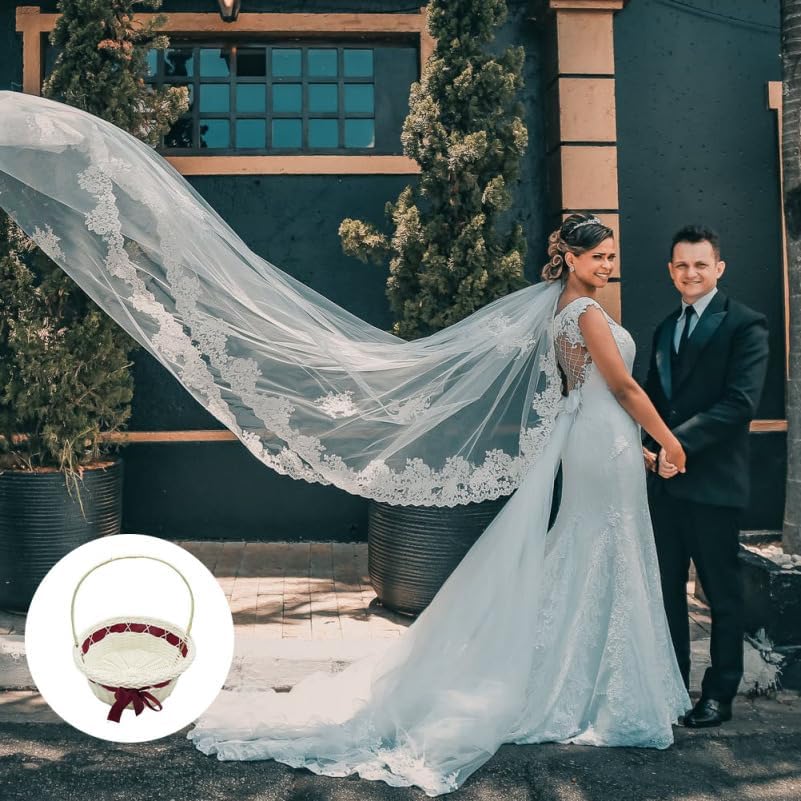 SOLUSTRE Hand Woven Wedding Basket 18x21cm Elegant Hand Woven Flower Basket Burgundy Wedding Flower for Romantic Ceremonies And Picnic Storage