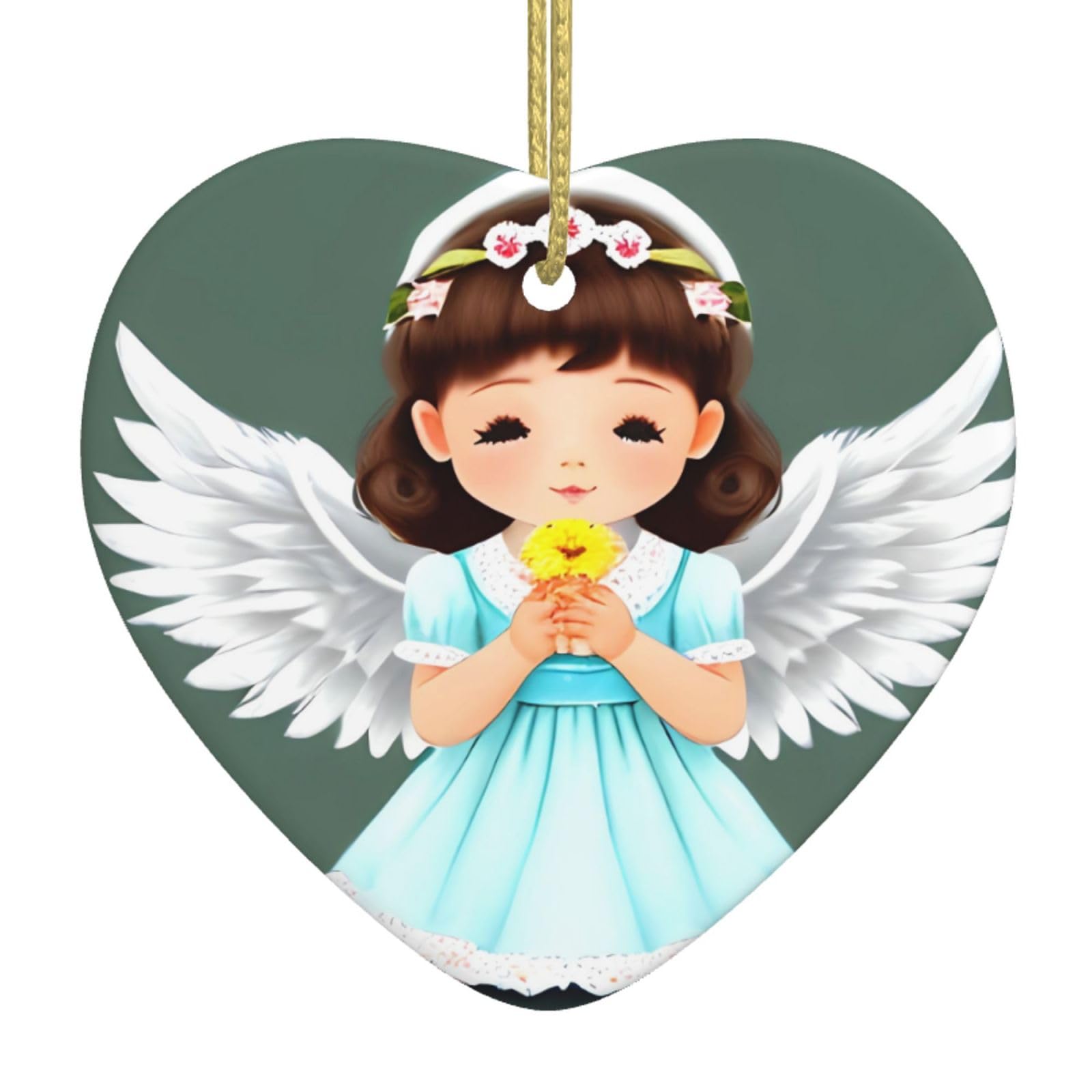 Cute Little Angel Ceramic Christmas Heart Pendant with Silk Thread, Christmas Tree Home Decoration