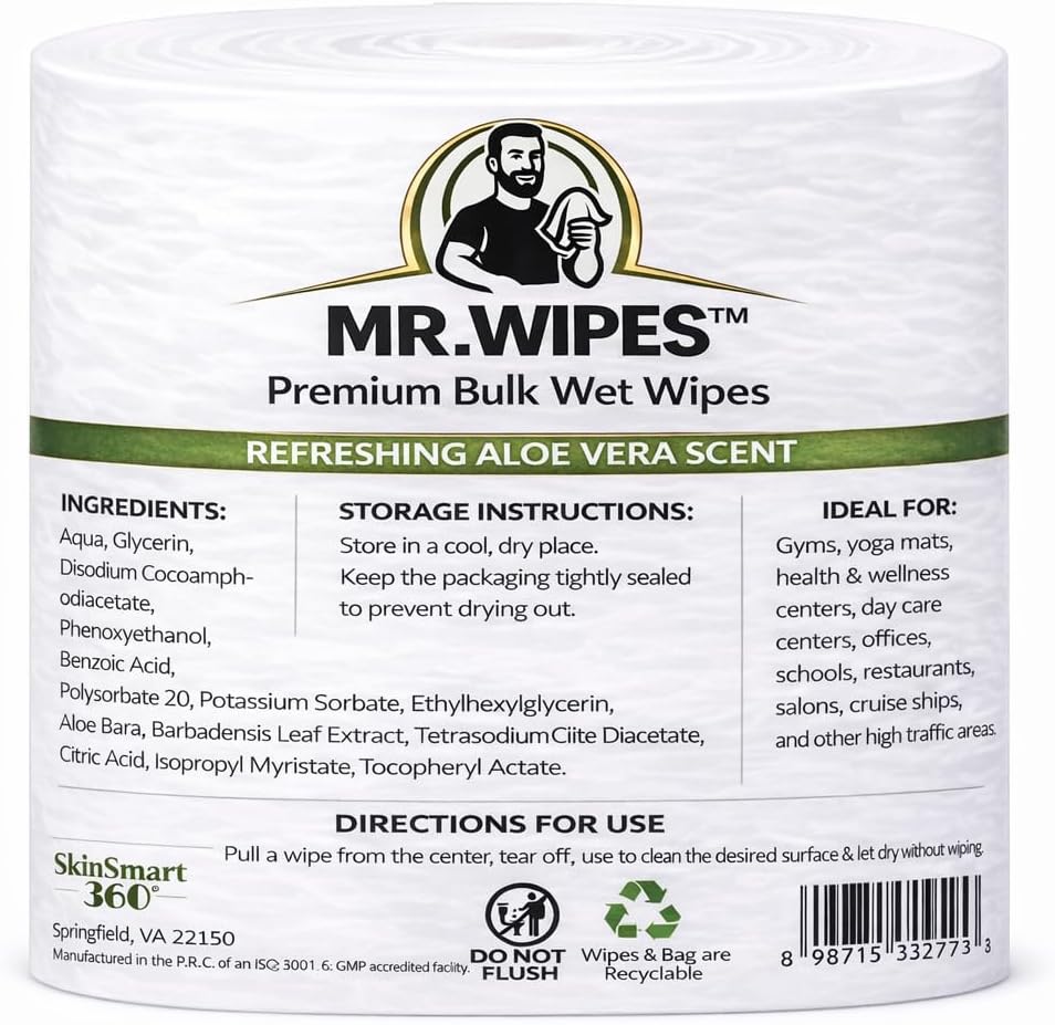 MR. WIPES Premium Bulk Wet Wipes – 7200 Wipes (8" x 6"), Eco-Friendly, Safe for All Surfaces & Hands, Ideal for Gyms, Offices & Commercial Use (Aloe Vera Scent)