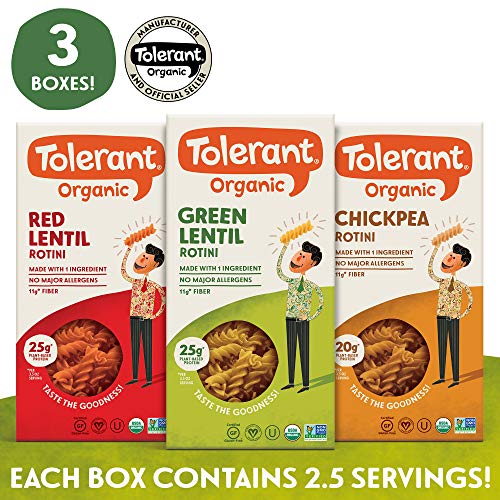 Tolerant Organic Gluten Free Rotini Pasta Variety Pack (Green Lentil, Red Lentil, Chickpea), 8oz - Case of 3, Plant Based Protein, Vegan Pasta, Single Ingredient Protein Pasta, Whole Food, Clean Pasta