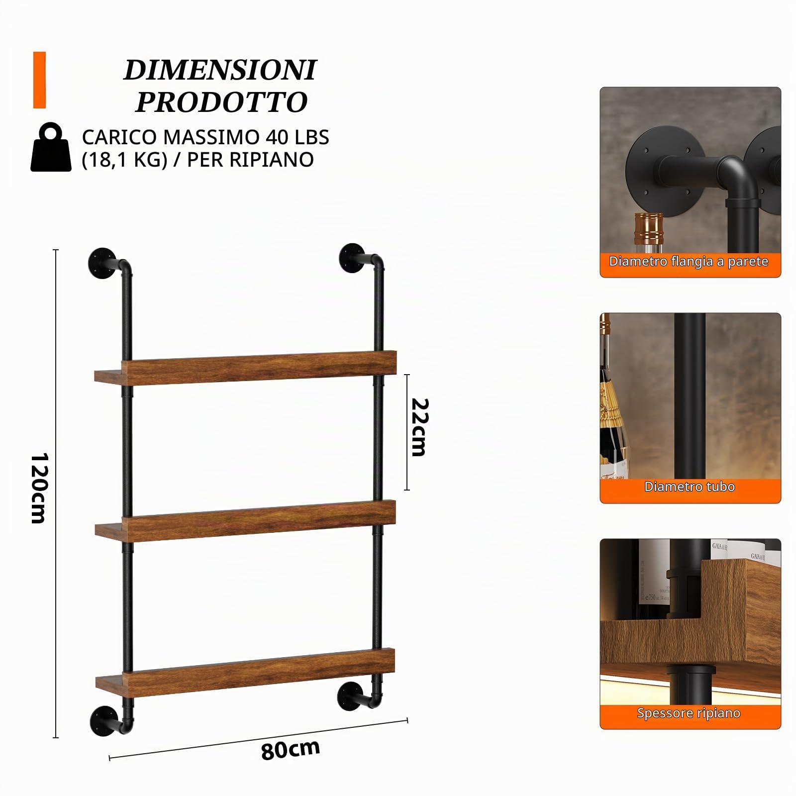 Portabottiglie da Parete con LED, 3 Livelli legno portabottiglie in metallo per vino, 80cm Vetrinetta Pensile, adatto per bar, cucine e ristoranti