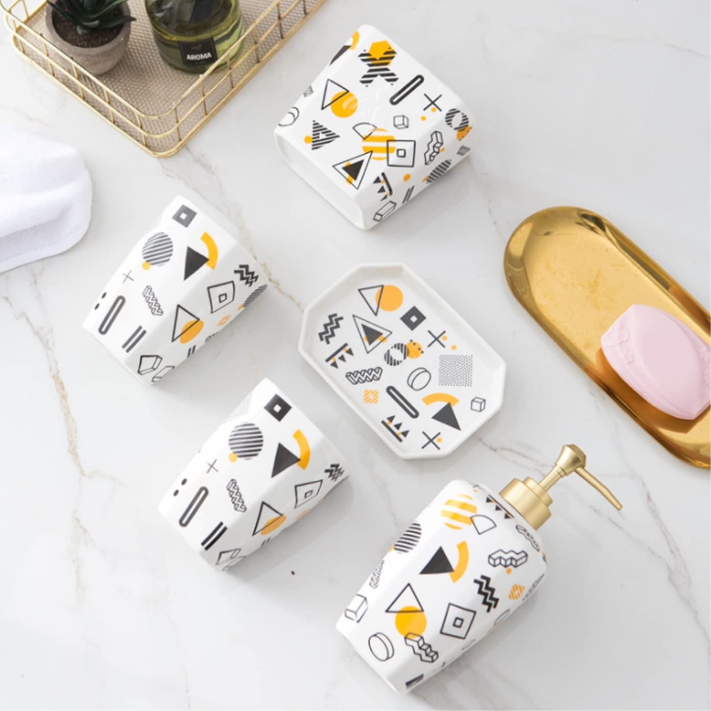 Seifenspender Set Zubehör Badezimmer-Lotionsspender-Set Im Europäischen Stil, Geometrie, Keramik, Fünfteiliges Set, Waschzubehör, Badezimmer-Set Vintage(B)
