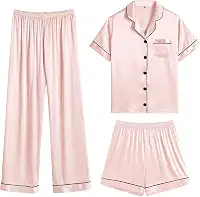Conjunto de pijama feminino de cetim de seda de manga curta clássico com botões e shorts