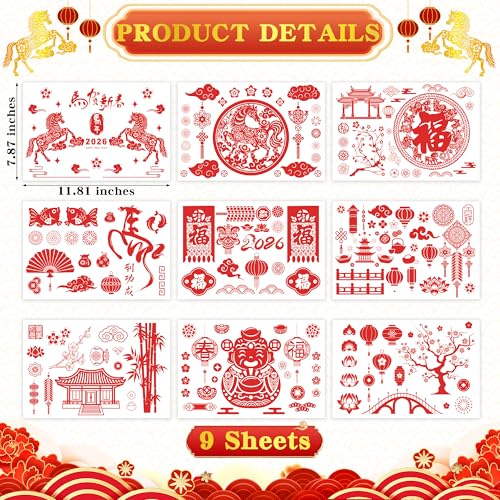 Image of 9 Sheets Chinese New Year Window Clings, Horse Year Decor for Window, 2026 Lunar New Year Decorations, Red Spring Festival Decals Double-Sided Stickers for Festival Family Gathering Door Wall Decor