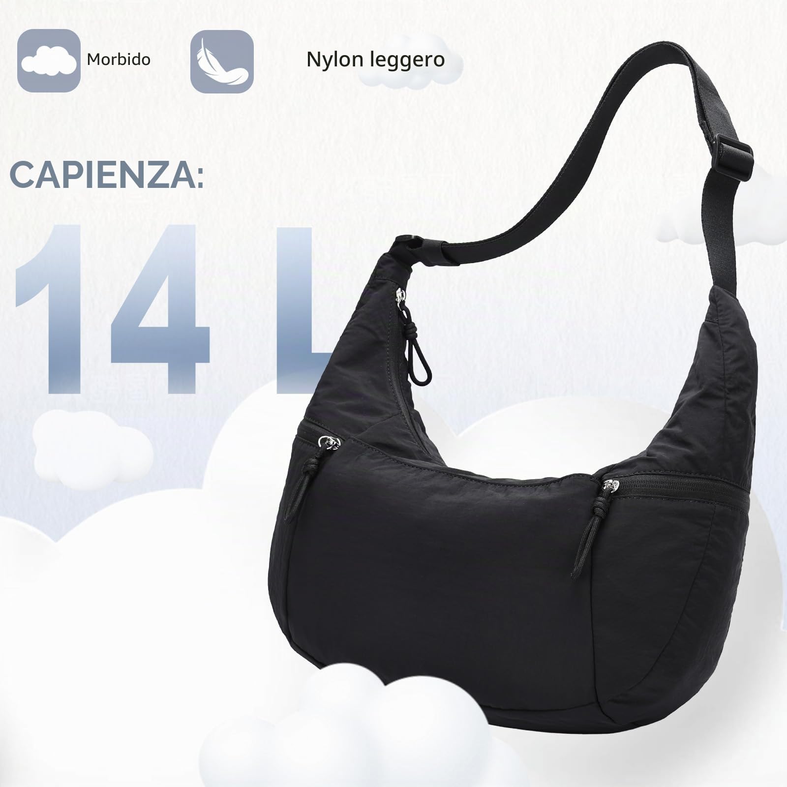 VASCHY Borsa Mezzaluna Donna Tracolla,Moon Bag Leggera in Nylon Marsupio Donna Tracolla Per Shopping/Viaggio/Lavoro/Mare