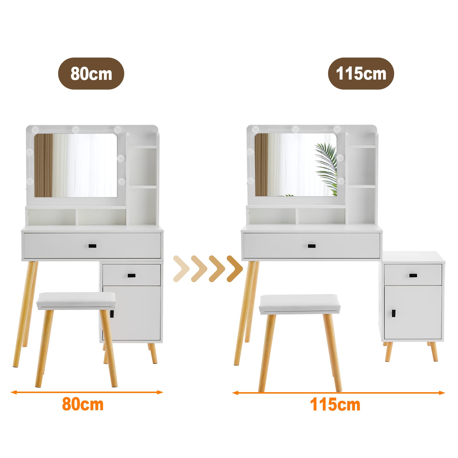 CLIPOP Schminktisch mit Hollywood LED Spiegel,Licht Verstellbare Helligkeit,Frisiertisch Gepolsterter Hocker Set Weiß,Kosmetiktisch aus Holz mit Schublade und Aufbewahrungsschrank