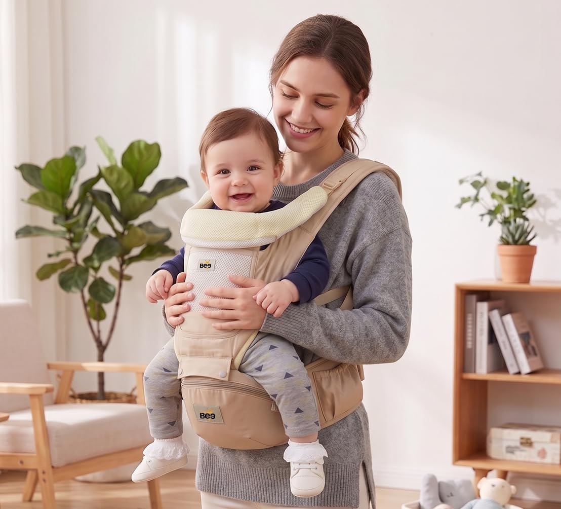 GOLDEN BEE Baby Carrier with 4 Carry Positions, Adjustable Hip Seat Belt, Hip Seat Baby Carrier Bag 4 to 36 Months Baby, New-Born to Toddler Carrier, Ergonomic Baby Carry Bag up to 20kg (Beige)-image-37