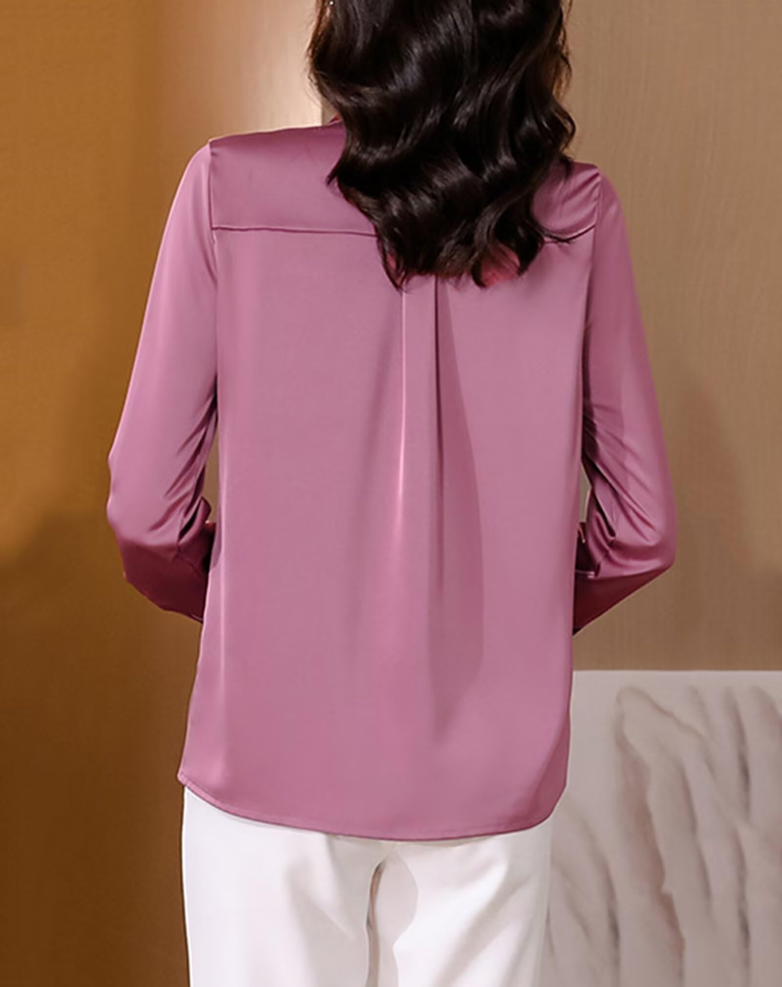 Elegante Blusa de Seda Mujer Camisas Manga Larga de Oficina,100% Seda