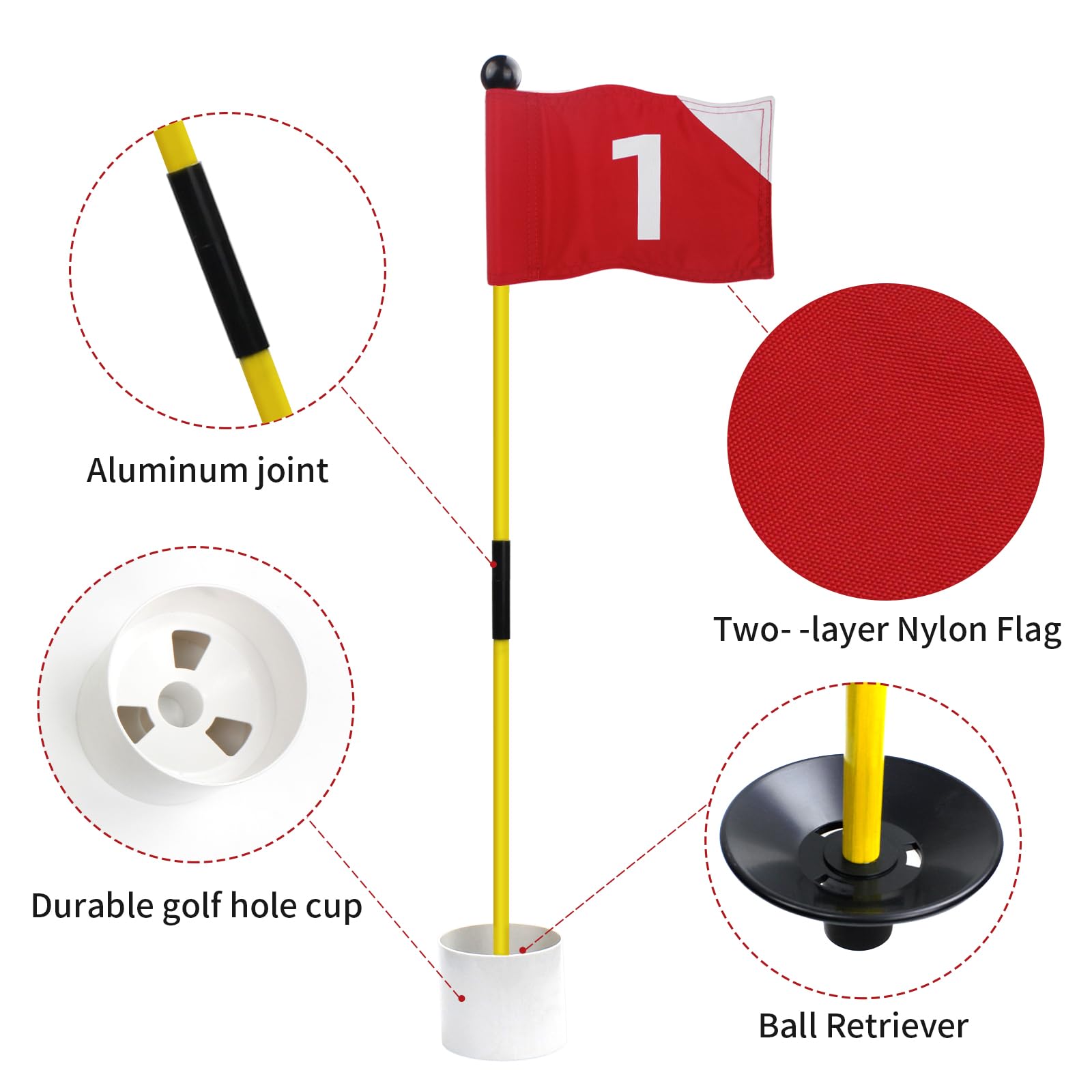 KOFULL Banderas de Golf con Banderas Rojas numeradas del 1 al 4, Palo de Bandera de Fibra de Vidrio, Juego de Tazas de práctica portátil, 4 Banderas con Bases de Copa Blancas