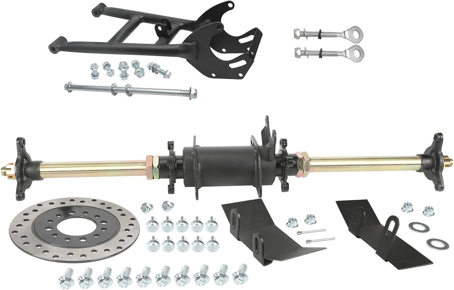 28" Rear Axle Kit with Brake Disc & 3 Stud Wheel Hubs and Rear Swingarm Frame Bracket for 110cc 125cc 150cc ATV Quad Go Kart Buggy 4 Wheeler Taotao Rear End Assembly Parts Replacement
