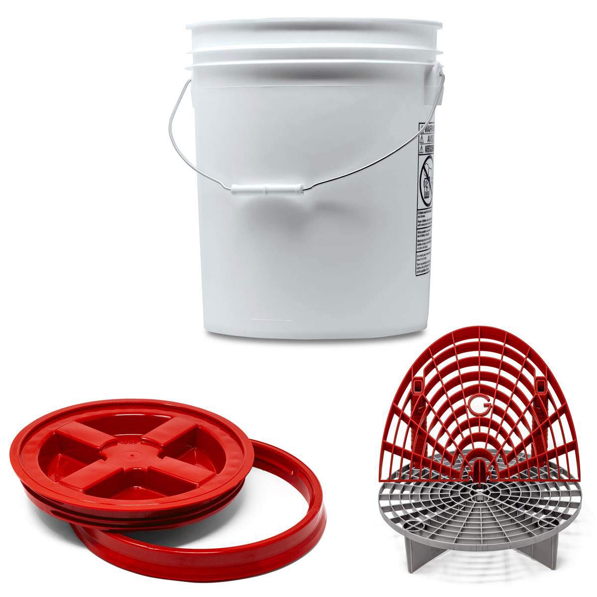 Detailmate professionelles Wasch Eimer Set: Magic Bucket Wascheimer 5 GAL (ca. 20 Liter), Gamma Seal Eimerdeckel rot, GritGuard Schmutz Einsatz Silber, GritGuard Washboard rot