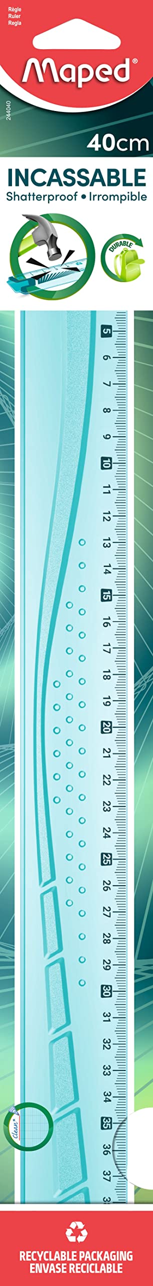 Maped - Regla Flexible de 40 cm, Regla Flexible y Resistente, con Bordes Antimanchas, Color Transparente Aleatorio, Azul o Verde