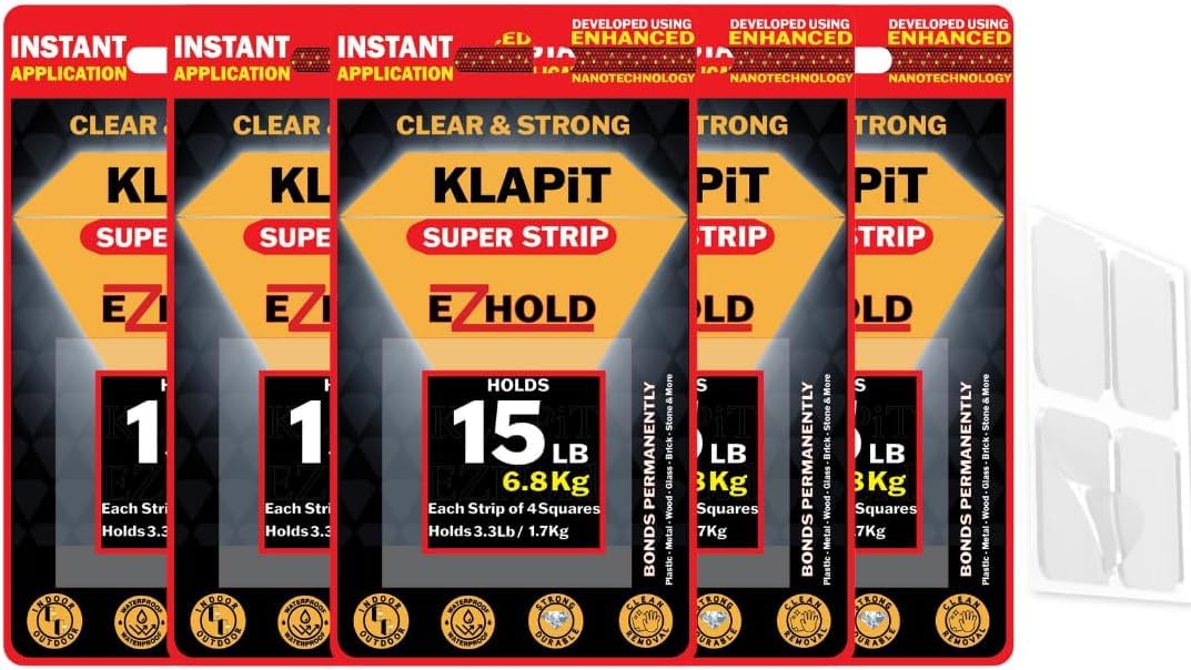 – KLAPiT SUPER STRIP EZHold - Pre-Cut Strong Mounting Tape Squares (1”x1”) - Heavy-Duty, double sided, Waterproof, Clear Nano Tape for Hanging Pictures, Frames, & Fixing Carpet, Rugs, Furniture (80 pc)