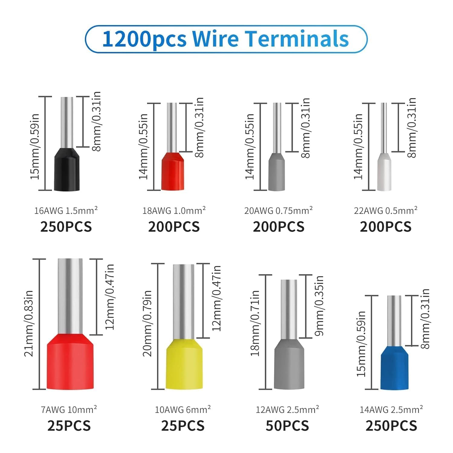 Cuzenal® Ferrule Crimping Tool Kit, Self-Adjusting Square Wire Crimper Plier for AWG23-7 with 1200pcs Assortment Ferrule Wire Copper Crimp Connector, Wiring Cable Connector 4