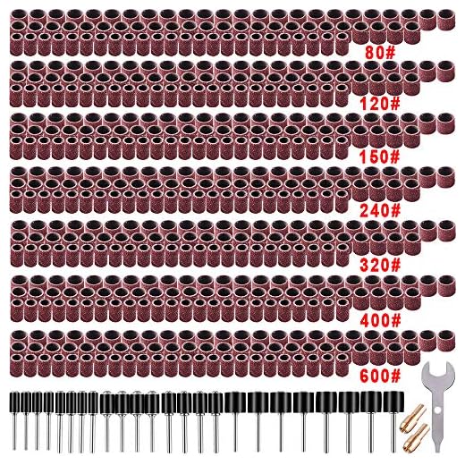 AUSTOR 531 Pcs Sanding Drum Set,504 Pcs Drum Sander Sleeves 80 120 150 240 320 400 600 Grit 24 Pcs Drum Mandrels 2 Pcs Self-Tightening Drill Chuck and 1 Pc Combination Wrench for Dremel Rotary Tool