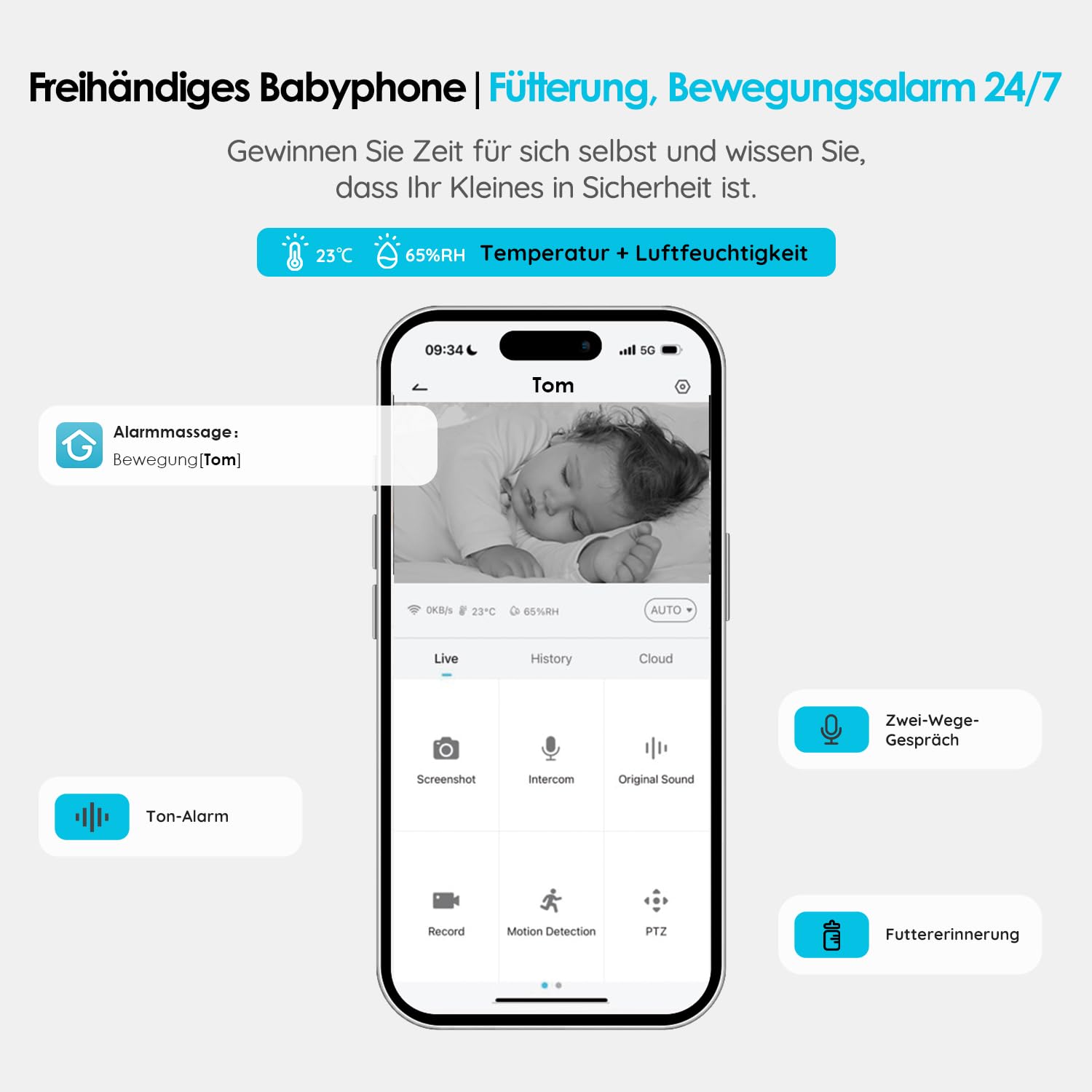ieGeek Babyphone mit Kamera 1080P, App und 5 Zoll WLAN Video-Babyfon mit PTZ 355°, 4-Fach Zoom, Zonenalarm, Bewegungs-/Geräuscherkennung, Temperatur- und Feuchtigkeitssensor, Nachtsicht