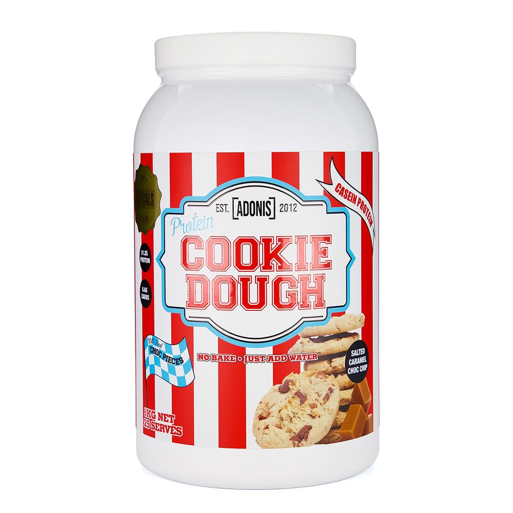 Adonis Protein Cookie Dough - Salted Caramel Choc Chip (1Kg): High Protein, Low Carb, Gluten-Free, Halal Certified Dessert with 21.5g Casein Protein per Serving, Only 143 Calories