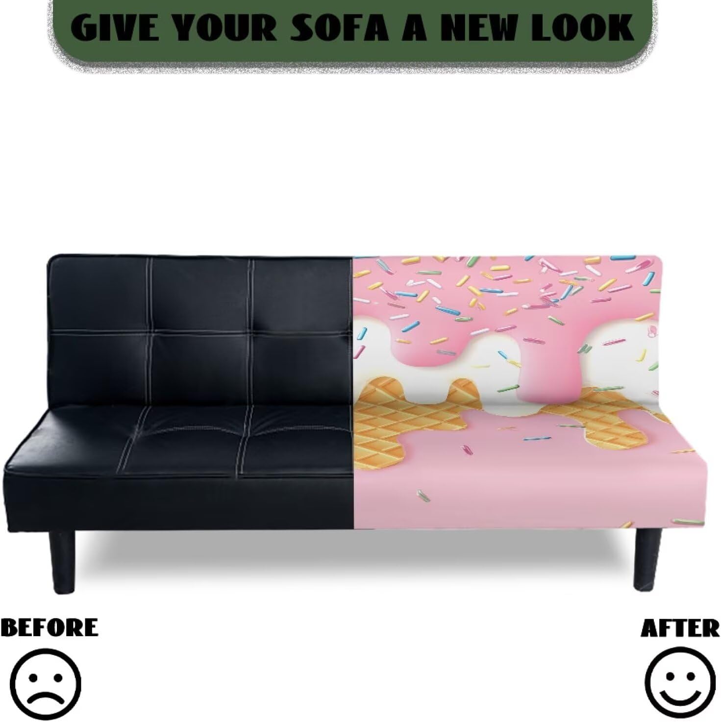 Ice Cream Print Pink Stretch Armless Futon Cover, Machine Washable Futon Couch Cover with Elastic Bottom, Dust Proof Sofa Cover, Furniture Bed Protector