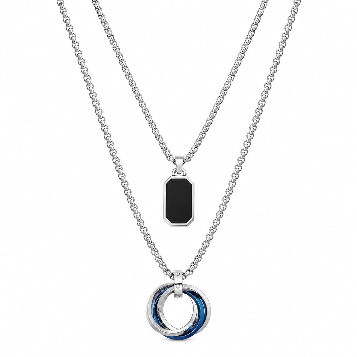 Badoliya Art Enterprises Premium Stainless Steel Pendant Necklace Combo for Men & Women | Black Dog Tag & Blue Ring Pendant with Silver Chain | Fashion Jewelry Set-image-5