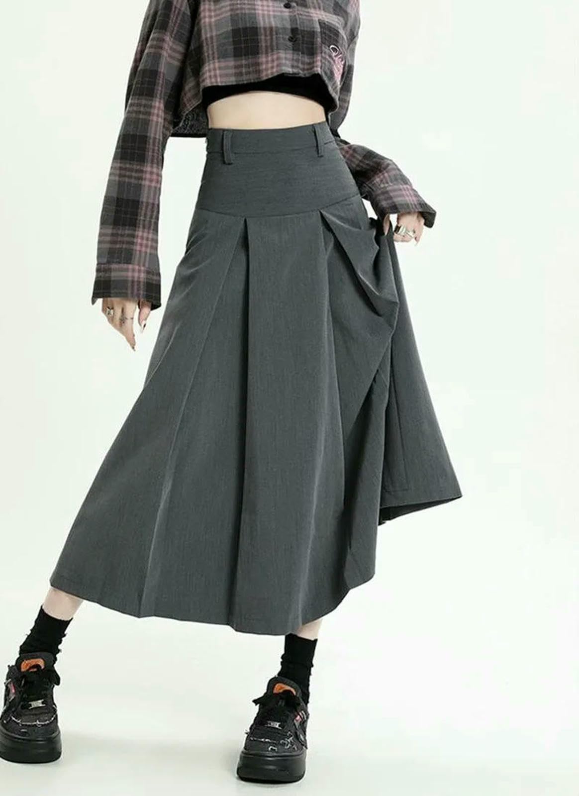 Langer Rock Damen College-Stil Frauen Faltenrock Frühling Sommer Hohe Taille Lange Röcke Frau Grau A-Linie Midi-Rock-schwarz-l