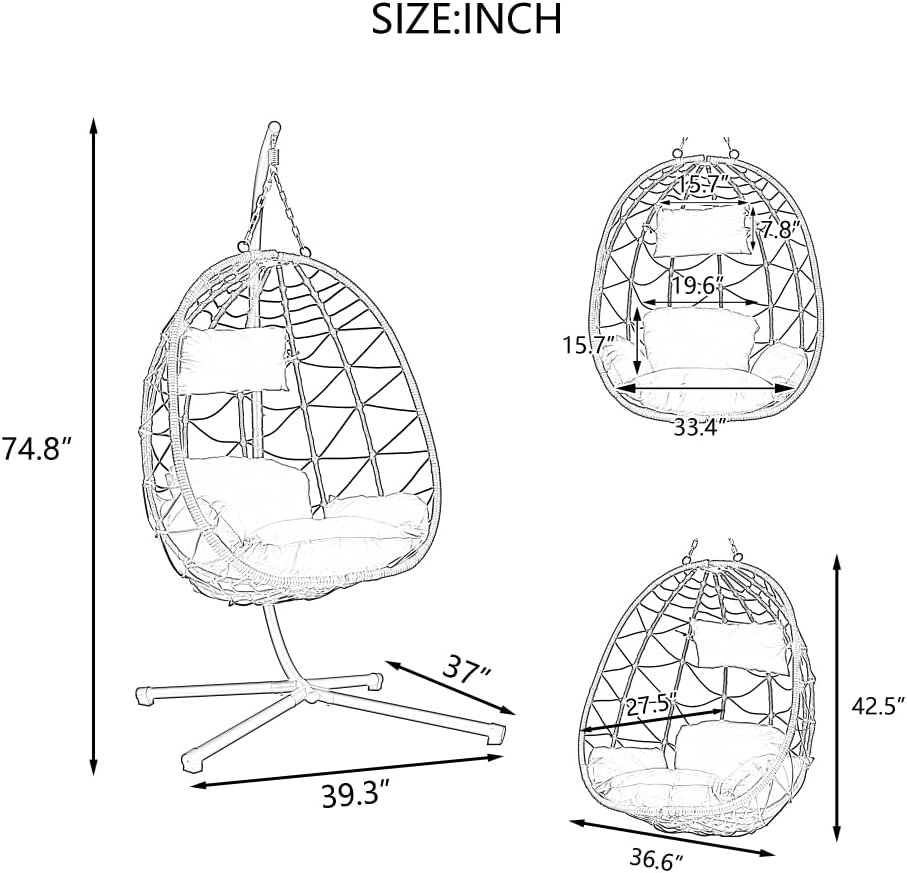 Egg Chair with Stand Indoor Outdoor Swing Chair Patio Wicker Hanging Egg Chair Hanging Basket Chair with Stand for Bedroom Living Room Balcony