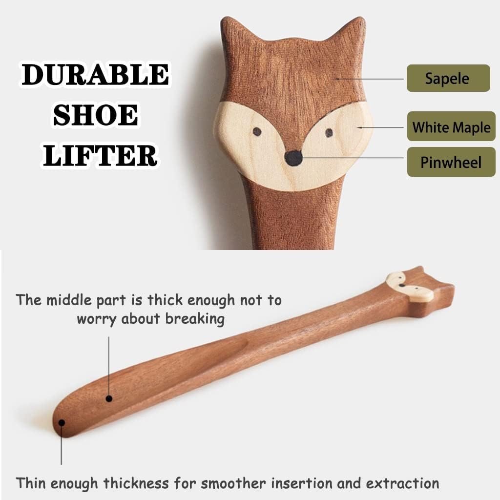 Łyżka do butów z długą rączką, Łyżka do butów drewniana brązowa 28,5 cm kształt lisa podróżnego. Ergonomiczny