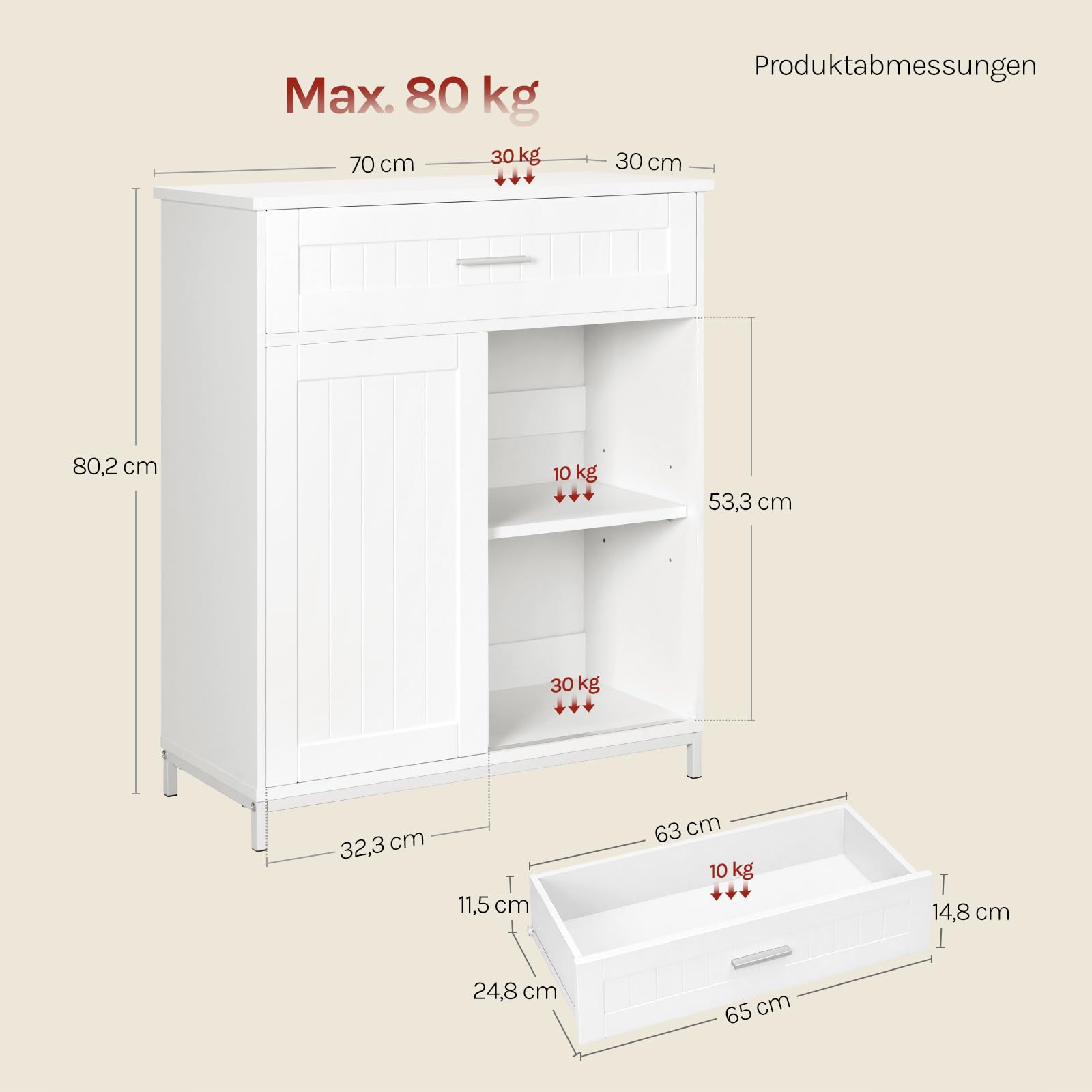 WOLTU Sideboard, Küchenschrank mit Arbeitsplatte, Aufbewahrungsschrank mit Schiebetür Schublade und verstellbare Ablage, für Küche Wohnzimmer Esszimmer, 70x80,2x30 cm, Weiß
