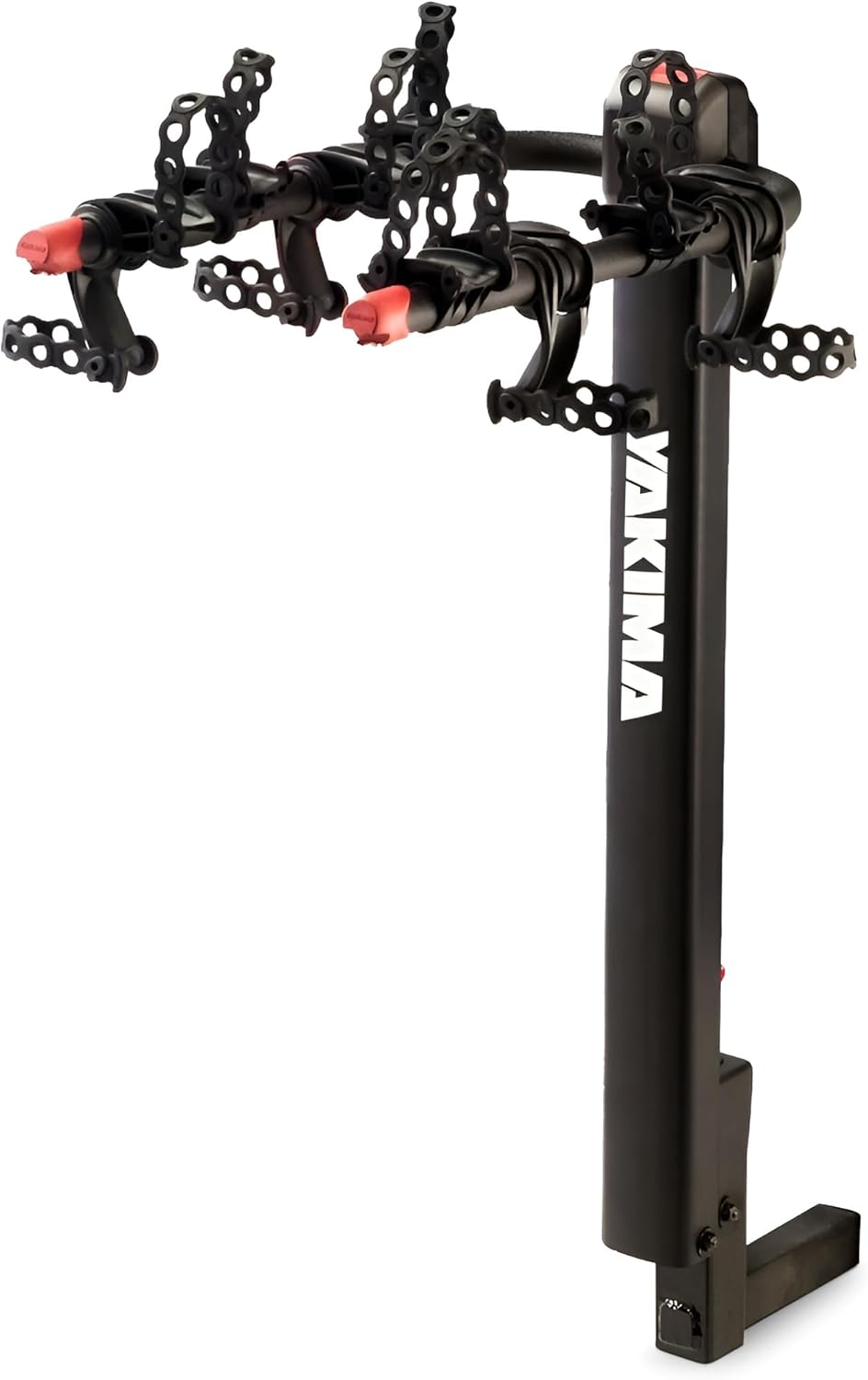 "The Yakima DoubleDown 4 bike rack mounted on a black SUV, showcasing its sturdy hitch-mounted design with four bikes securely loaded."