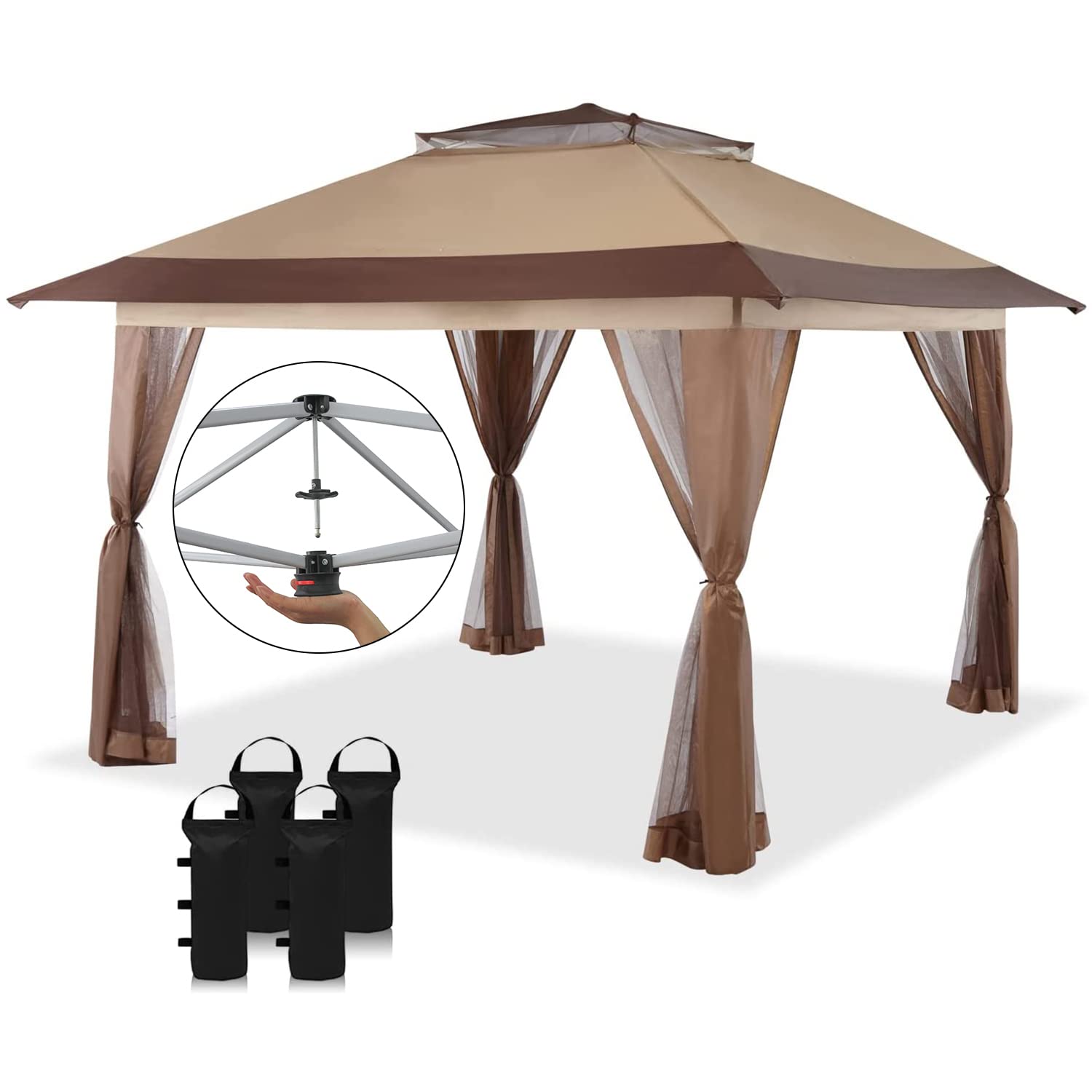 CROWN SHADES 13x13 Canopy Pop up Gazebo Canopy, Patented One Push Tent Canopy with Manual Awnings, Two Tiered Vented Top, STO'N and Go Bag, 8 Stakes, 4 Ropes, 4 Weight Bags, Beige & Coffee