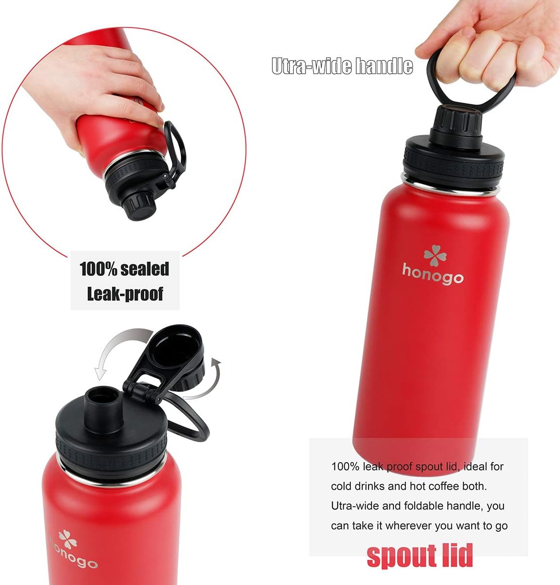 32 oz Powder Coated Double Wall Vacuum Insulated Sports Water Bottle, 18/8 Stainless Steel Wide Mouth Thermal Flask with Straw Lid & Spout Lid, Leak Proof, Sweat Free, BPA Free (Red, 32 oz) - Image 5